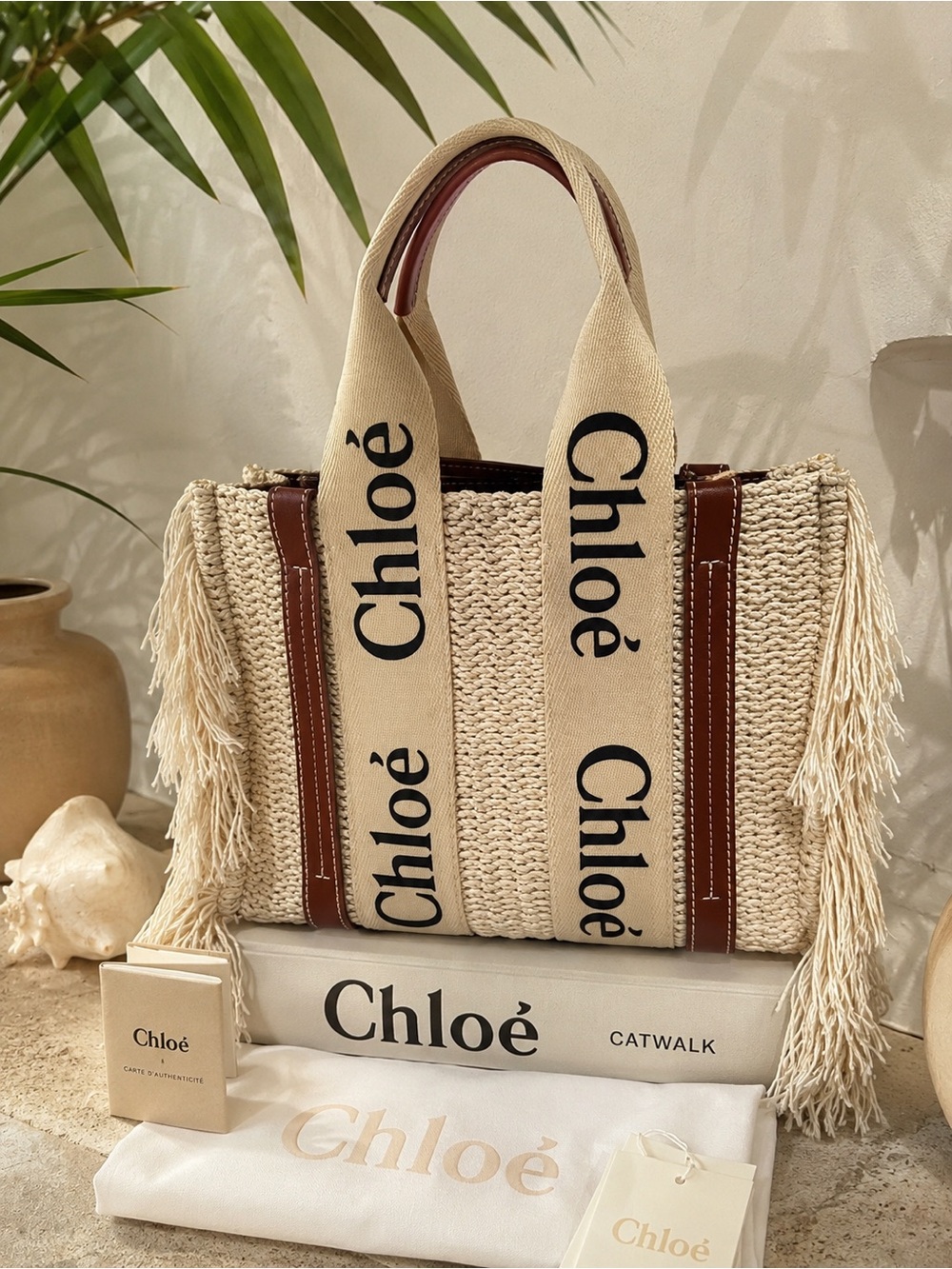 Chloé Natural crochet Tote with Branded Canvas Straps and Brown Leather Trim